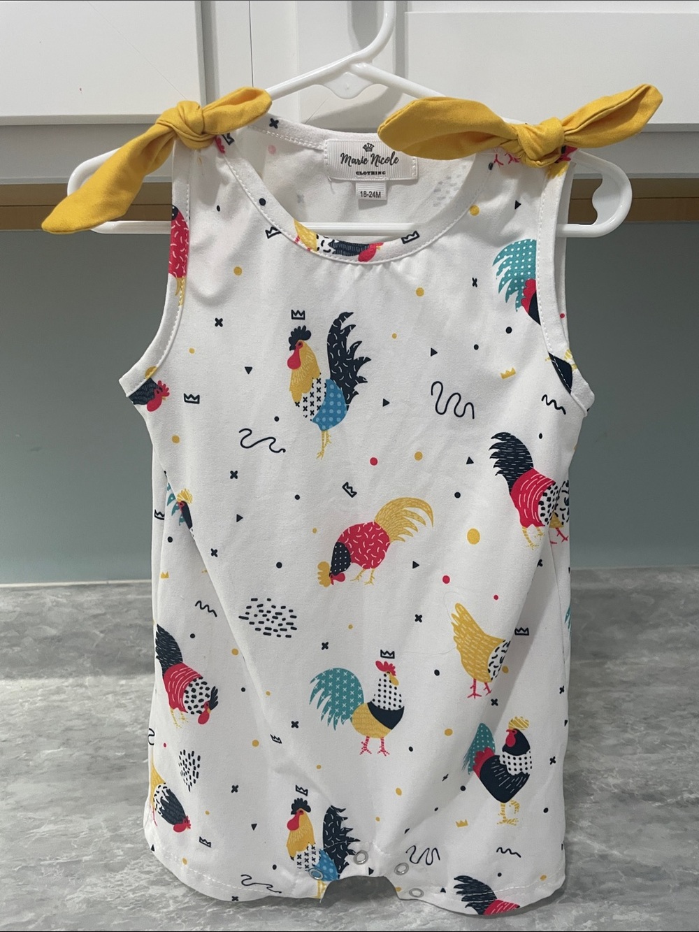 White Rooster Print Tie-Shoulder Snap-bottom bodysuit
